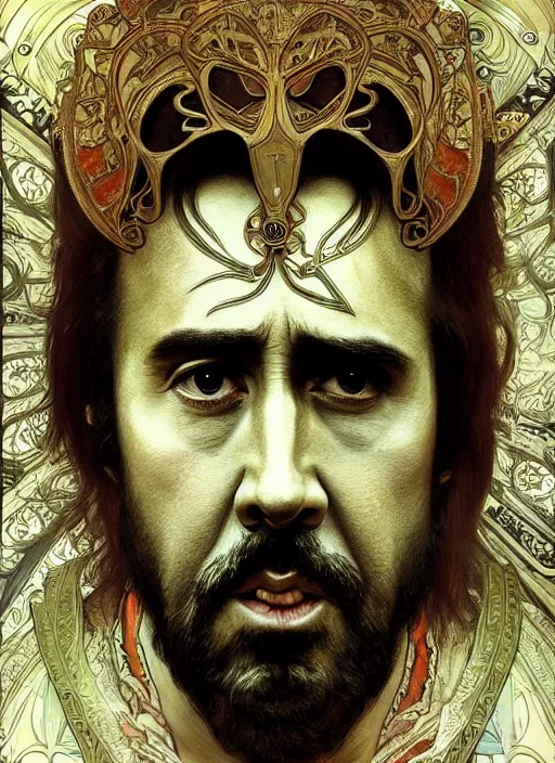 Image similar to Nicolas Cage as God of Beauty, brutal, fantasy, intricate, elegant, highly detailed, digital painting, 4k, HDR, concept art, smooth, sharp focus, illustration, art by alphonse mucha,artgerm, H R Giger