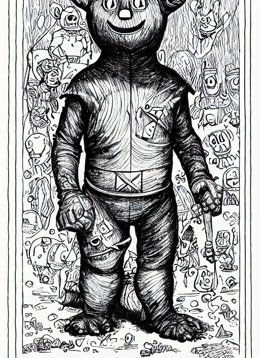 Image similar to tinky winky the teletubbie as a D&D creature, full body, pen-and-ink illustration, etching, by Russ Nicholson, DAvid A Trampier, larry elmore, 1981, HQ scan, intricate details, Monster Manula, Fiend Folio