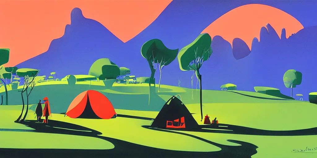 Prompt: oasis with a tent, gouache, animated film, stylised, illustration, by eyvind earle, scott wills, genndy tartakovski, syd mead