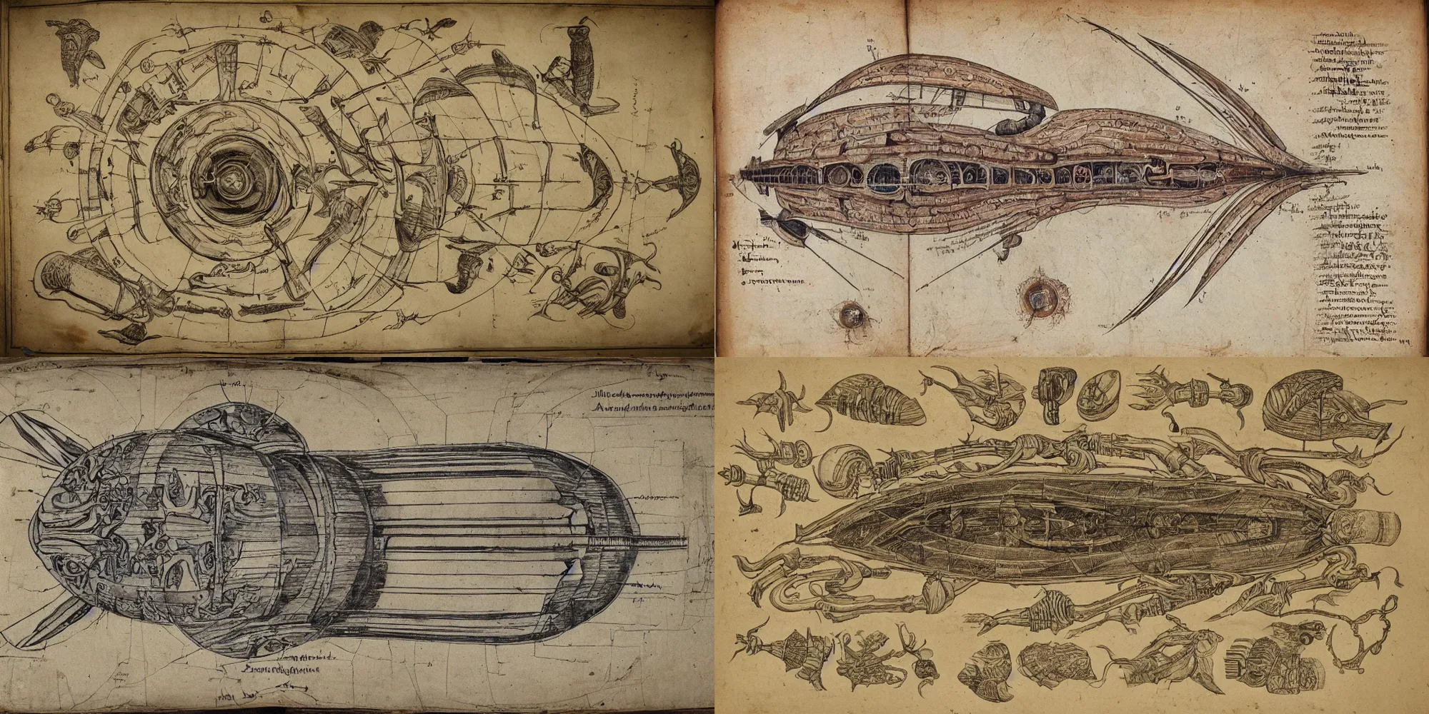 Prompt: Ancient manuscript anatomical diagram of an interstellar starship, spaceship, mothership