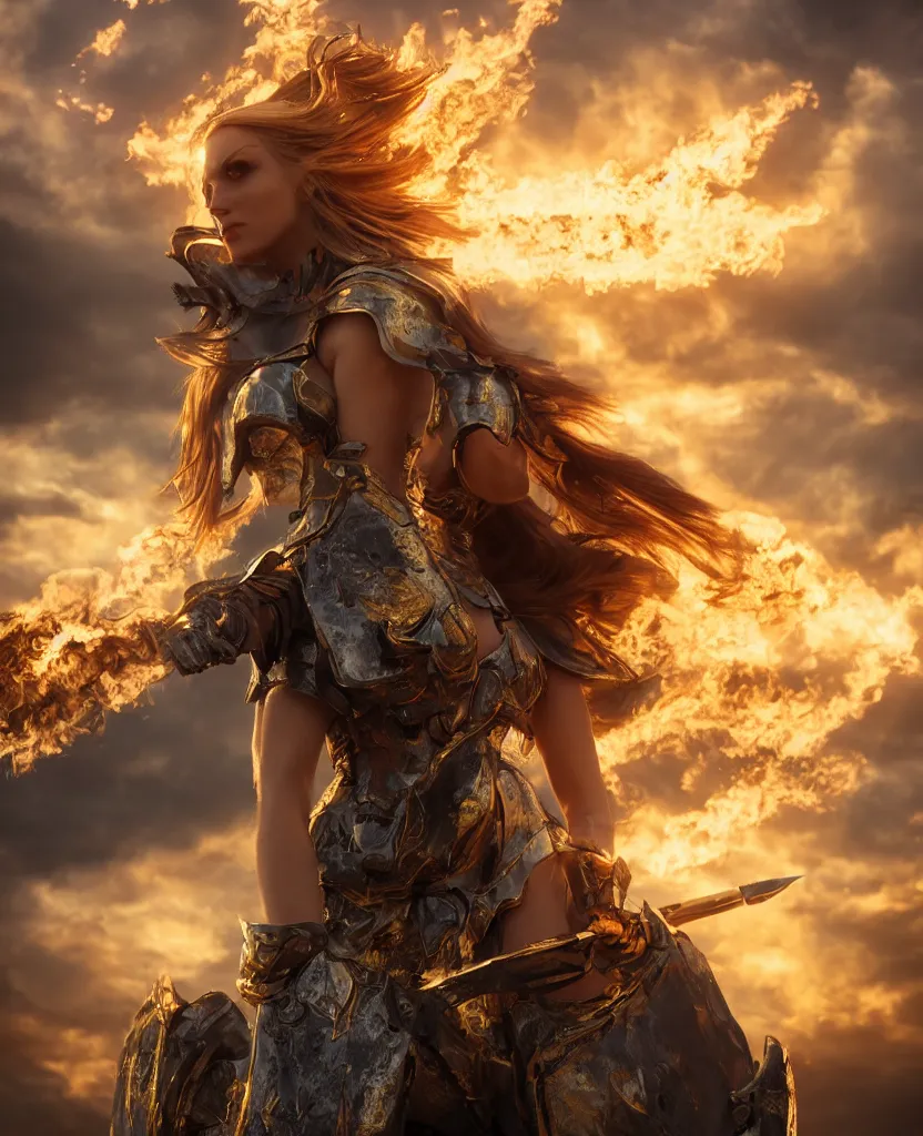 Prompt: Full-body shot of a fiercely beautiful woman in angelic battle armor, wielding a flaming sword, among the clouds, golden hour photography, cinematic, epic, 4k, stylized, realism