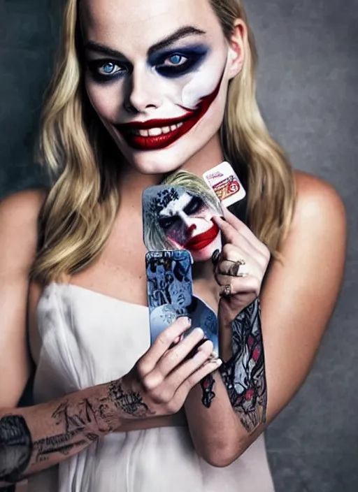 Image similar to beautiful margot robbie with joker makeup tattoo design, holding an ace card, black and white, realism tattoo, hyper realistic