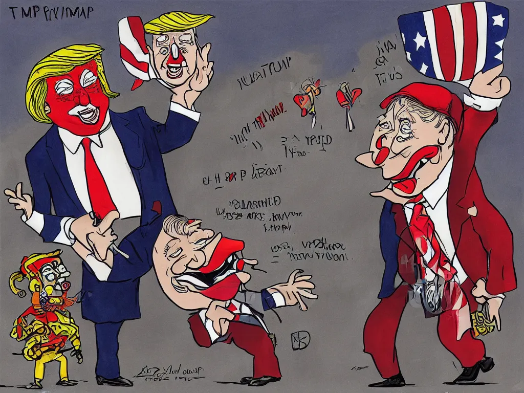 Image similar to political cartoon of trump as a clown, satire