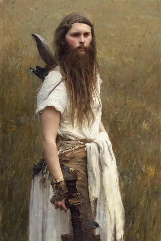 Image similar to Richard Schmid and Jeremy Lipking and Antonio Rotta full length portrait painting of a young beautiful traditonal viking warrior priestess woman