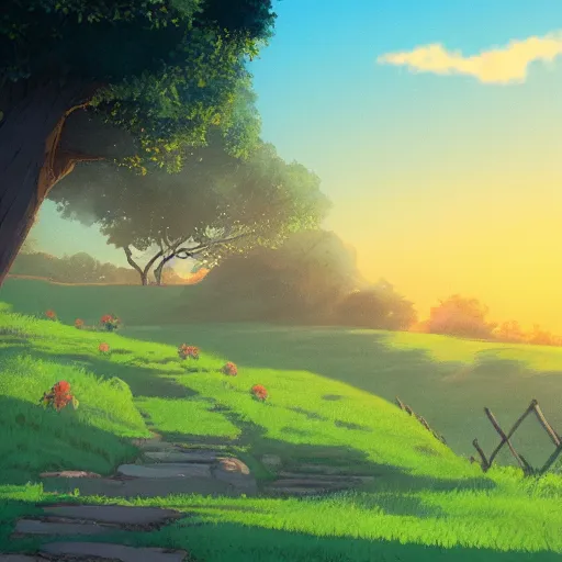 Prompt: the shire at sunset in the style of ghibli, 8 k, artstation, award wining, - 7 6 8