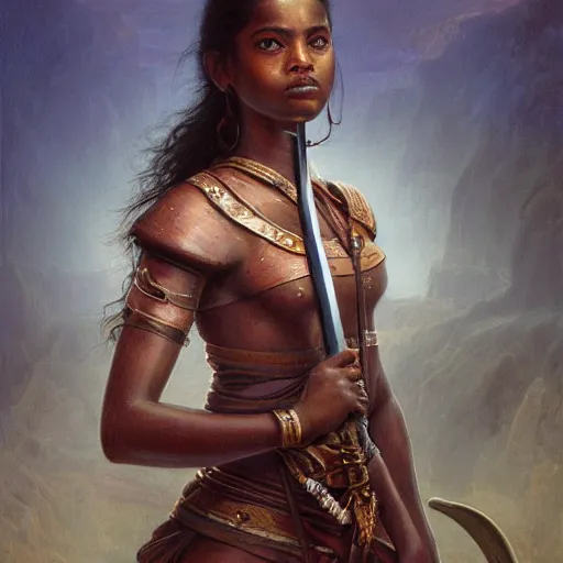 Image similar to artstation concept of a beautiful girl holding a sword in both hands, brown skin, sweaty skin, symmetrical face, casual white garment, brown canyon background, shiny colorful, hyperdetailed, artstation trending, world renowned artists, worth1000.com, historic artworks society, antique renewel, cgsociety, by greg rutkowski, by Gustave Dore, Deviantart