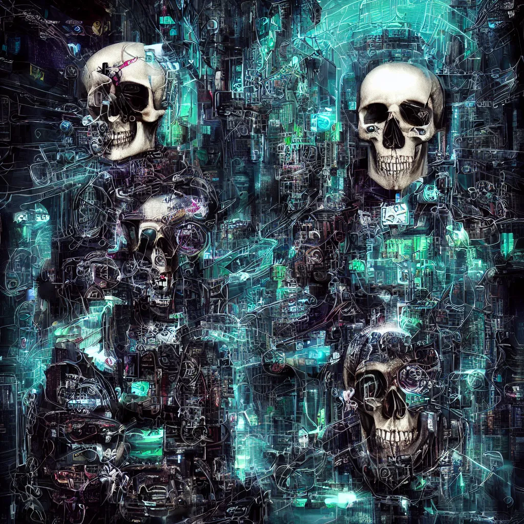 Prompt: all-seeing skull of the digital god; cyberpunk-mysticism