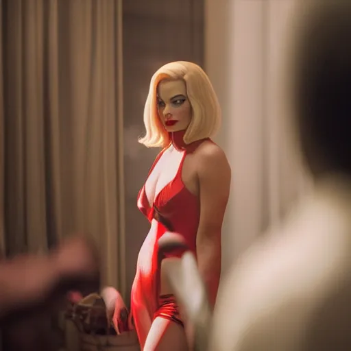 Image similar to Margot Robbie as Jessica Rabbit, still from a live action movie, 50mm, f2.8, panavision, cinematography