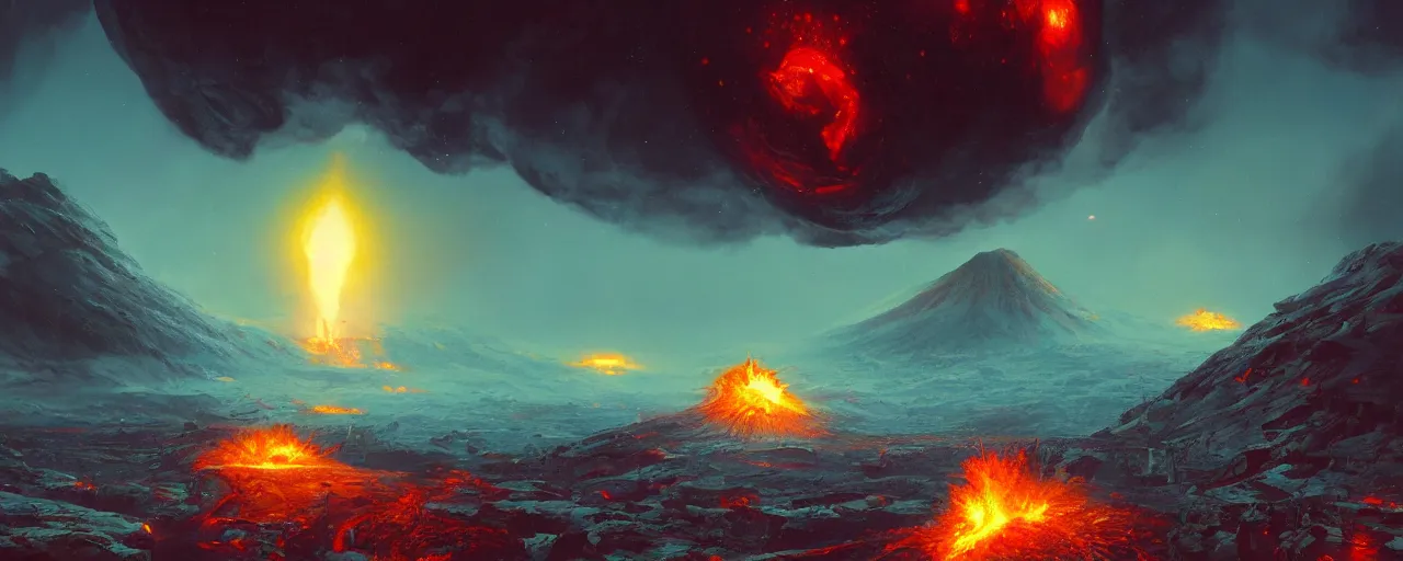 Image similar to ” outer planet with erupting volcanoes, [ art by paul lehr, cinematic, detailed, epic, widescreen, opening, establishing, mattepainting, photorealistic, realistic textures, octane render ] ”