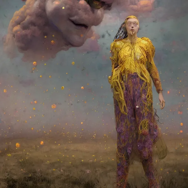 Prompt: A portrait of a woman wearing clothes made out of thunder clouds and flowers, apocalypse, silhouettes floating in the air in the background, yellow skin, Masterpiece, glowing, wires everywhere, by Edgar Maxence and Ross Tran, Zdzisław Beksiński, and Michael Whelan, distant, gustav dore, H.R. Giger, 8k, octane render