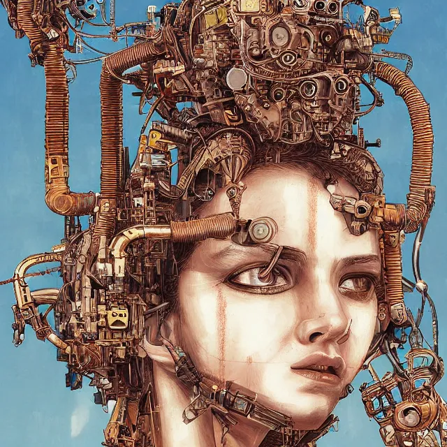 Image similar to robot artist painting a self - portrait on a canvas. intricate, highly detailed, digital matte painting, in the style of alexandros pyromallis, and in the style of sachin teng, and in the style of hans thoma, and in the style of luis royo. irony, recursion, inspiration.