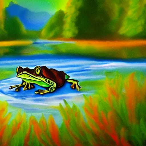 Image similar to frog that looks like bob ross painting a beuatifull painting of a river in the mountains and a beautiful sunset, photorealistic