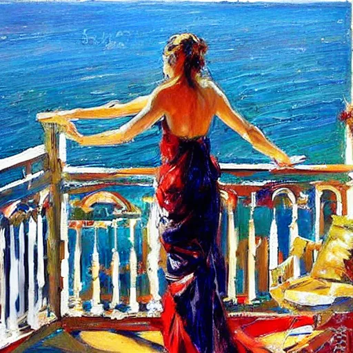 Prompt: the maiden standing on the balcony overlooking the aegean sea by andrew atroshenko