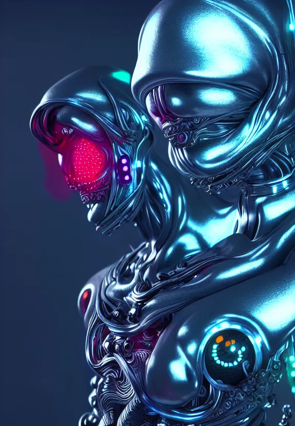 Image similar to ultra realist intricate detailed painting of a single attractive alien male, neon scales and cyborg tech, hyperrealistic, soft lighting, octane render