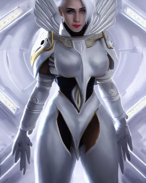 Image similar to perfect white haired attractive egyptian goddess with huge white dove wings, warframe armor, beautiful, symmetric, miley cirus, half asian, pretty face, blue eyes, detailed, scifi platform, laboratory, experiment, 4 k, ultra realistic, epic lighting, android body, illuminated, cinematic, masterpiece, art by akihito tsukushi, voidstar