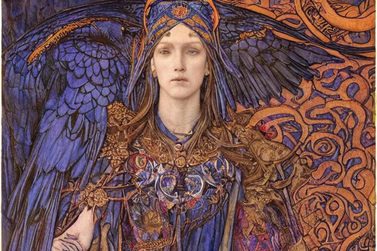 Prompt: coronation of the raven king, by Annie Swynnerton and jean delville and Nicholas Roerich, embroidered brocade, tattoos, elaborate costume, geometric ornament, symbolist, rich colors, dramatic lighting, smooth, sharp focus, extremely detailed