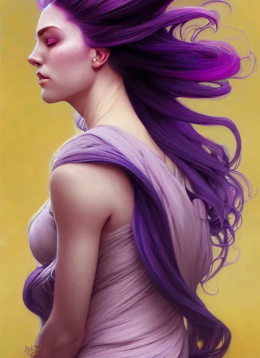 Image similar to Portrait of a woman with bright colored flying hair, all shades of purple. Hair coloring, amber eyes, face, long hair, fantasy, intricate, elegant, highly detailed, digital painting, artstation, concept art, smooth, sharp focus, illustration, art by artgerm and greg rutkowski and alphonse mucha