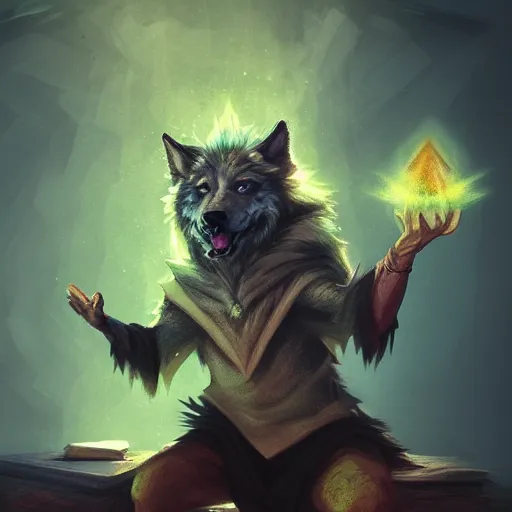 Prompt: wizard is casting magic spells as a wolf, dynamic pose, chromatic aberration, medium level shot, fantasy, illustration, concept art,