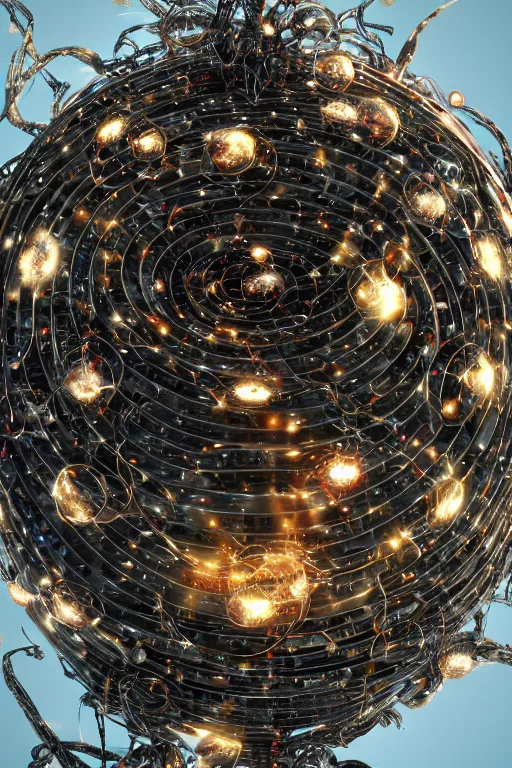 Image similar to an immaculate render of a metallic spiral made of old modular robot parts spawning cables and bird wings surrounded by glowing orbs made from chrome and incense smoke with a black background, powerful, cinematic, beautifully lit, no background, by craig mullins, by galan pang, 3 d, trending on artstation, octane render, 8 k