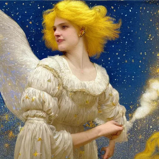 Image similar to the photograph features a woman with wings made of stars, surrounded by a blue and white night sky. the woman is holding a staff in one hand, and a star in the other. she is wearing a billowing white dress, and her hair is blowing in the wind. cool yellow by lawrence alma - tadema, by martine johanna mournful, cgi