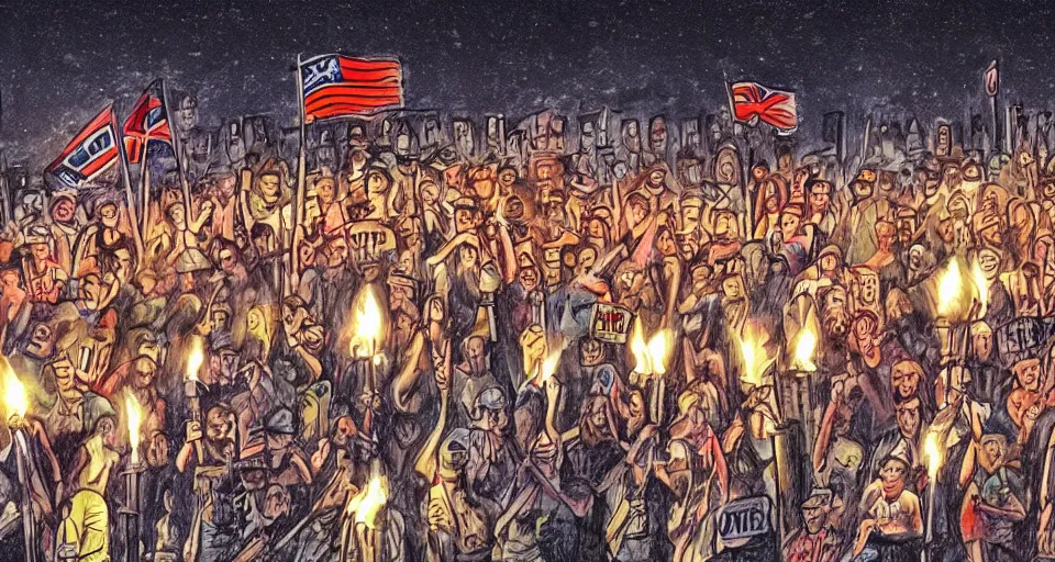 Prompt: creative illustration of 2 0 1 7's unite the right tiki torch rally in charlottesville, night time, tiki torches, confederate flags