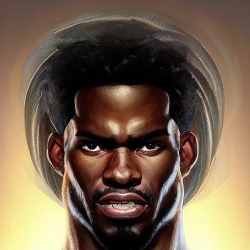 Image similar to wow, fanart hideous muscular black man with white hair and a protruding jaw with visible pectoral muscles, detailed, digital art, artstation, smooth, sharp focus, art by artgerm, greg rutkowski, alphonse mucha