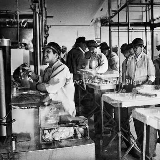 Prompt: factory workers enjoying an ice cream during work, dark, factory, grey tone, old photo grain