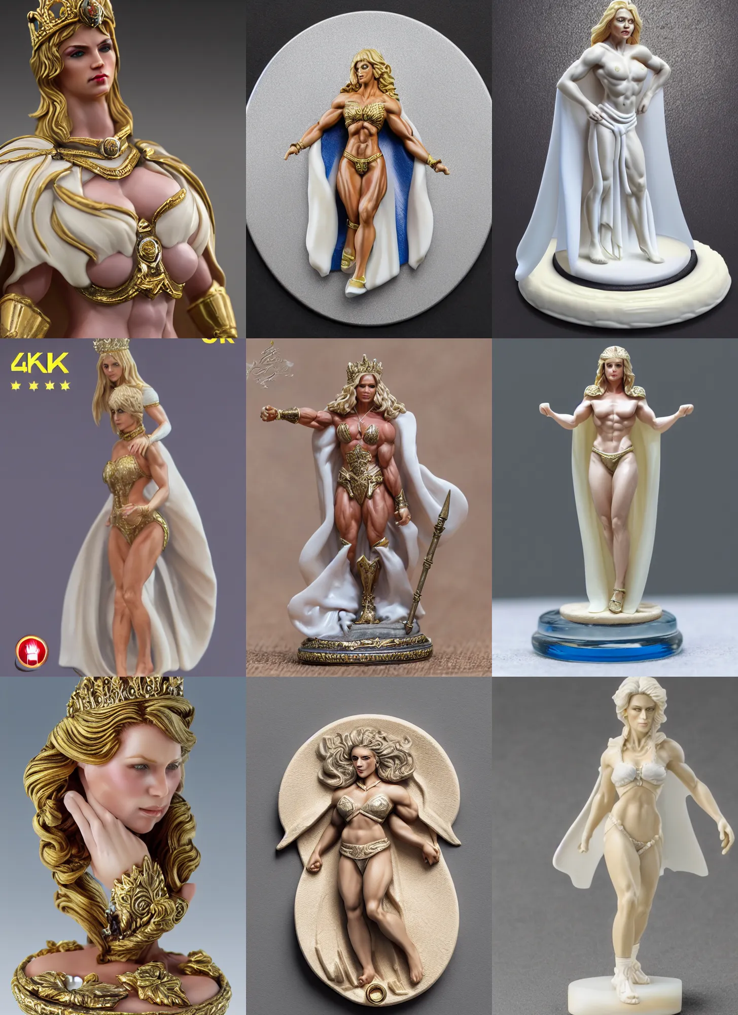 Prompt: 80mm resin detailed miniature of a Very Muscular Queen, long white cape, light skin, short blonde hair, on textured disc base, Company logo in upper left corner; Miniature product Photo, 4K, Full body