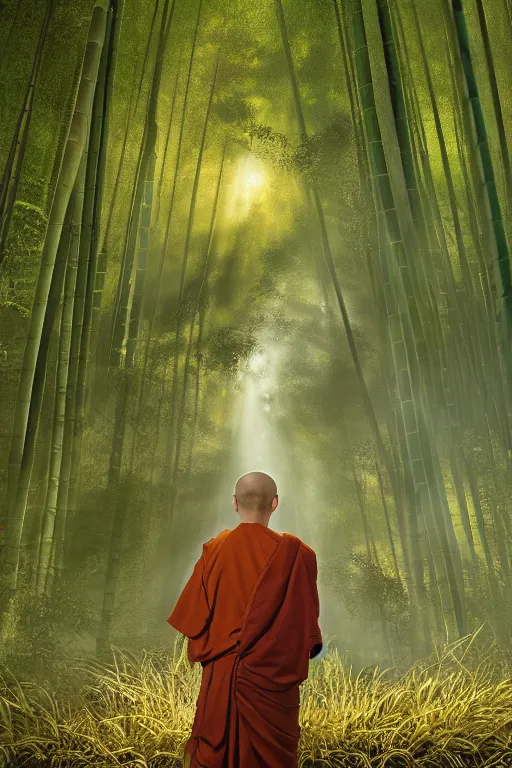 Image similar to mendicant monks of the fuke school of zen buddhism wearing a straw basket on his head in a mysterious japanese bamboo forest with light shafts, atmospheric lighting, by greg rutkowski, ultra realistic, concept art, intricate details, highly detailed, photorealistic, octane render, 8 k, unreal engine