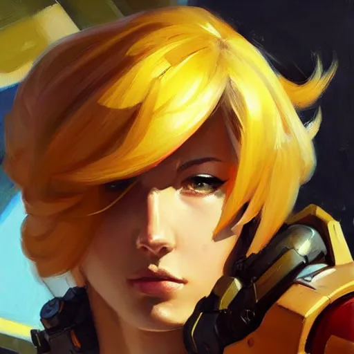 Image similar to greg manchess portrait painting of samus aran as overwatch character, medium shot, asymmetrical, profile picture, organic painting, sunny day, matte painting, bold shapes, hard edges, street art, trending on artstation, by huang guangjian and gil elvgren and sachin teng