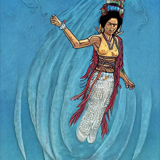 Prompt: mayan priestess floating over an ocean, sharp focus, moebius, print, cinematic, surreal