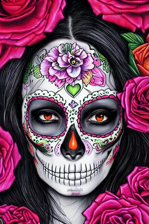 Prompt: illustration of a sugar skull day of the dead girl, art by magali villeneuve