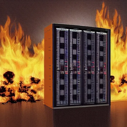 Image similar to a painting of data center server rack that's caught fire!!!!!!!, fire on data center