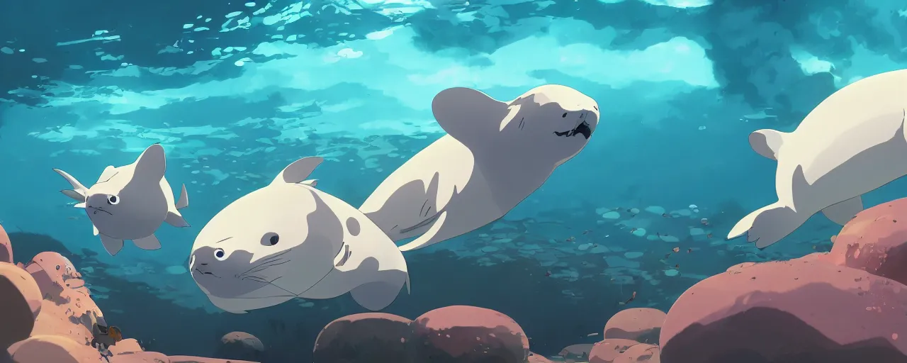 Image similar to piranhas surround a baby harp seal swimming in a tropical river, atey ghailan, goro fujita, studio ghibli, rim light, dark lighting, clear focus, very coherent