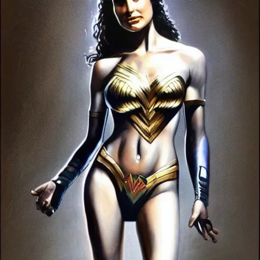 Image similar to a striking hyper real painting of Gal Gadot by boris vallejo. full body