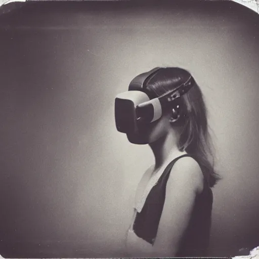 Image similar to an ancient demon-girl using a VR headset, mist , 1910 Polaroid photo, Black and white