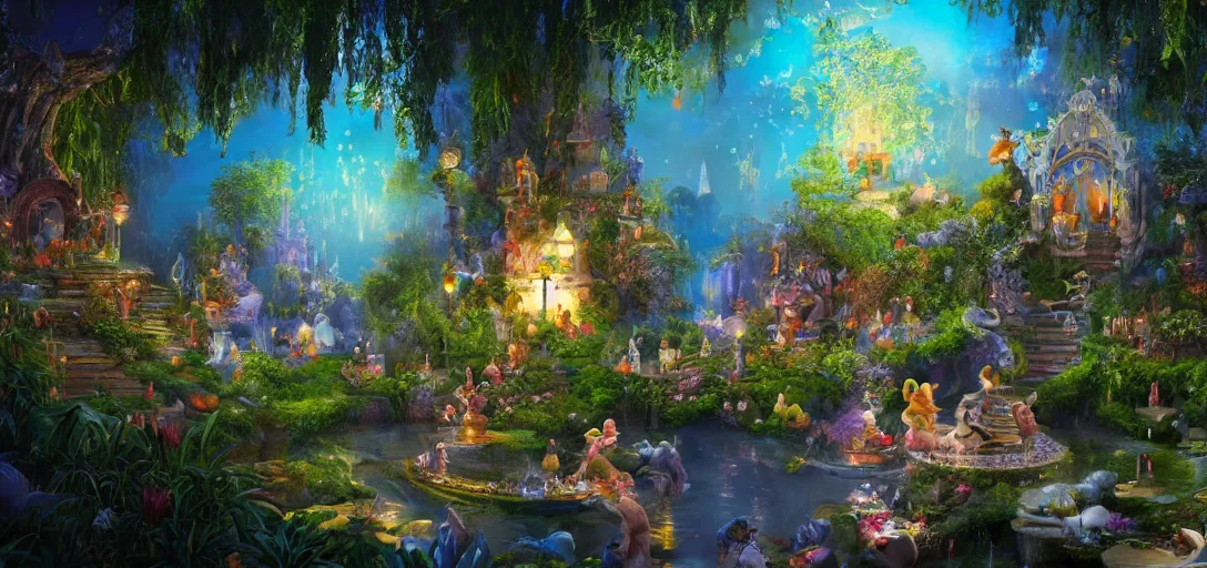 Image similar to a magic garden, with monkeys playing with diamonds, fairies and scissors, details, smooth, sharp focus, illustration, realistic, cinematic, artstation, gold, ornate, award winning, original modern artwork, rgb ethereal lighting, 8k