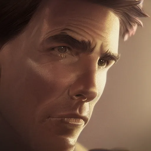 Image similar to tom cruise as a robot, digital art, octane render, highly detailed, featured on artstation, intricate gold etching