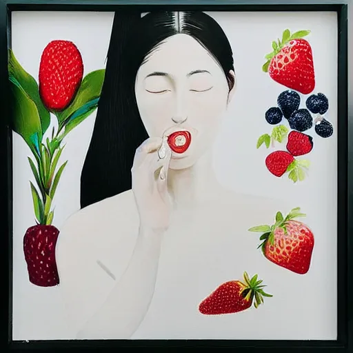 Image similar to “art in an Australian artist’s apartment, portrait of a woman wearing white cotton cloth, eating luscious fresh raspberries and strawberries and blueberries, white wax, edible flowers, Japanese pottery, ikebana, black walls, acrylic and spray paint and oilstick on canvas”