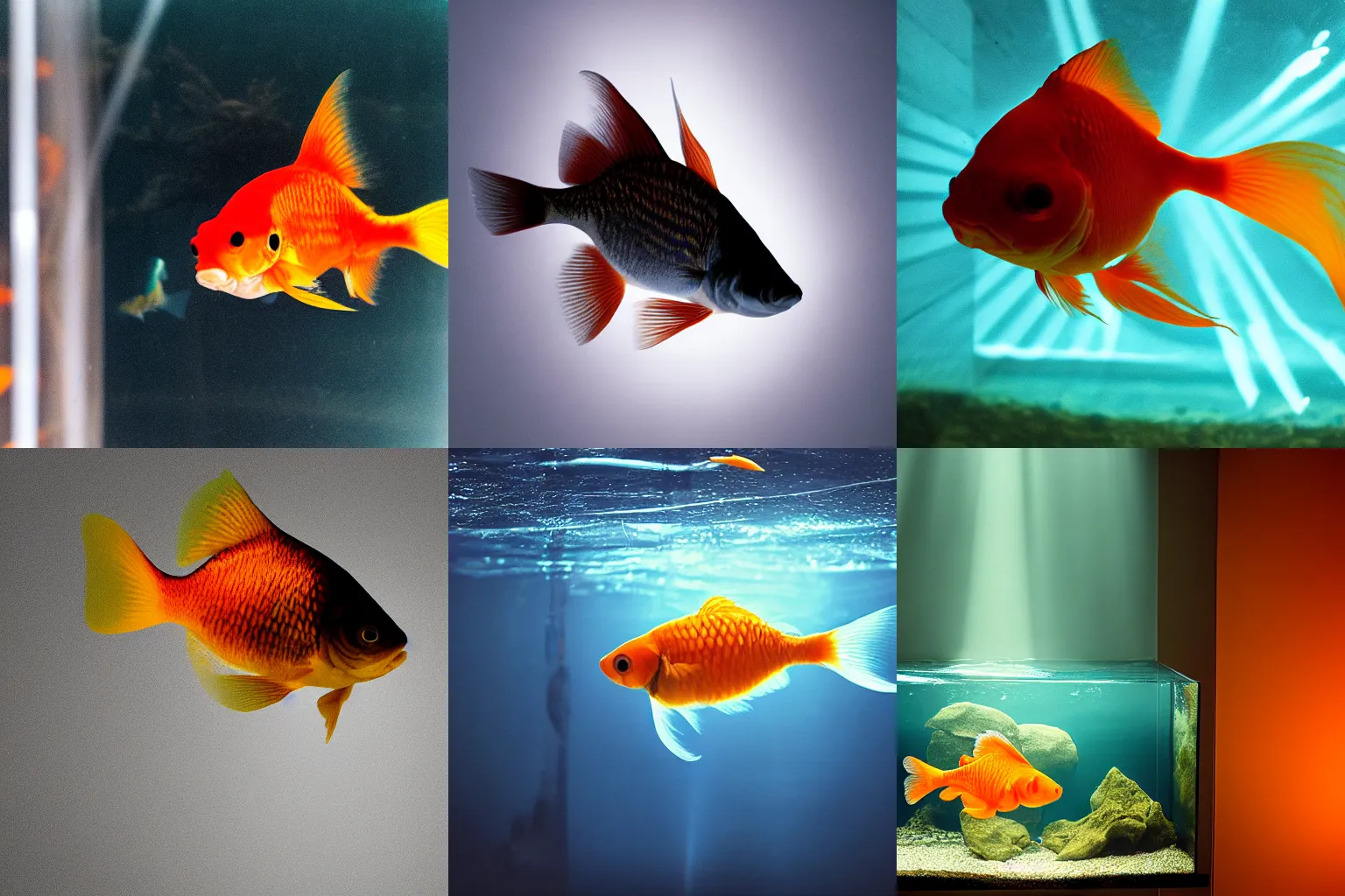 Prompt: A goldfish inside an aquarium, light rays, studio light