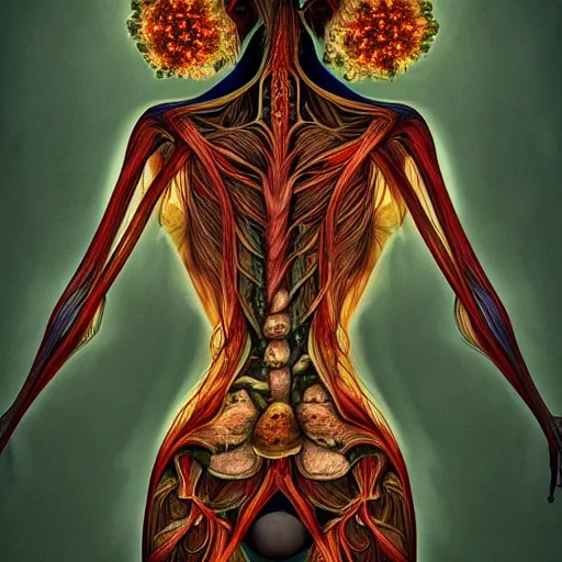 Image similar to a beautiful detailed photo of a rotten woman corpse morphing into fractal plants and fractal flowers and mushrooms, muscles, veins, anatomical, intricate, ornate, volumetric light, beautiful lit, romero ressendi