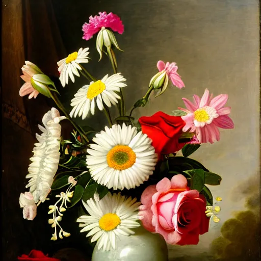 Image similar to a still life of a vase of flowers with a mix of roses daisies and lilies.