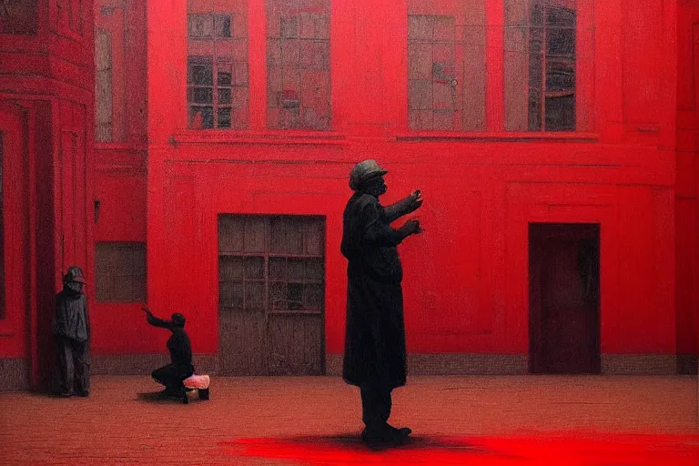 Image similar to only with red, a red old man try to sell a portrait, crowd cheering, in a city square, in the style of beksinski, parts by edward hopper, parts by rodcenko, parts by yue minjun, intricate and epic composition, red by caravaggio, insanely quality, highly detailed, masterpiece, red light, artstation, 4 k