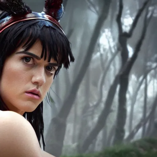 Image similar to katie perry as live action princess mononoke, still frame, sharp focus, cinematic, filmic