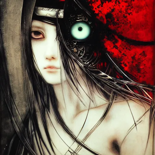 Image similar to yoshitaka amano blurred and dreamy illustration of an anime girl with pirate eye patch, wavy white hair and cracks on her face wearing elden ring armour with the cape fluttering in the wind, abstract black and white patterns on the background, noisy film grain effect, highly detailed, renaissance oil painting, weird portrait angle