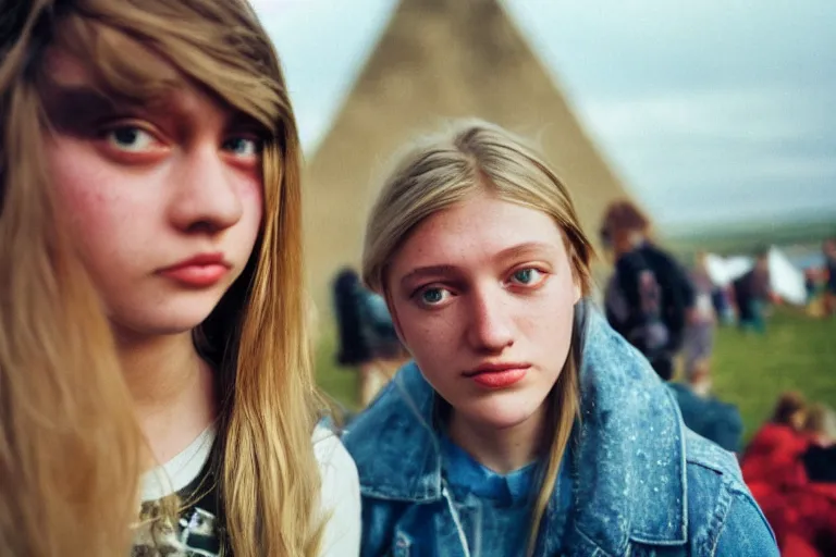 Image similar to candid photo of teenager girls first trip to Glastonbury, UK, Kodak Portra 200,8K,highly detailed: beautiful perspective closeup environmental portrait photo in style of 2000s retrofuturism, cinema lighting , by beksinski, photography fashion edition, tilt shift, highly detailed, focus on man ;blonde hair;blue eyes, clear eyes, soft lighting