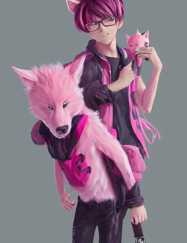 Prompt: cute anime boy with pink hair and pink wolf ears and pink wolf tail wearing stylish clothes. very detailed digital painting, trending on artstation, octane render, random artists