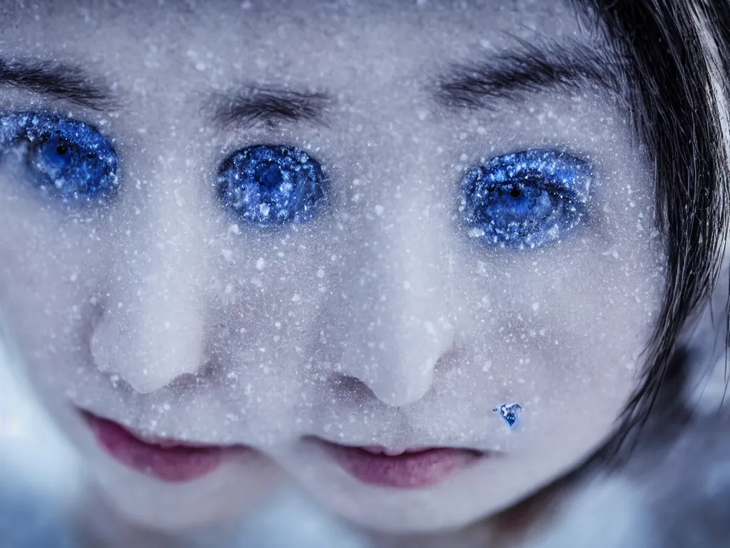 Prompt: the piercing blue eyed stare of yuki onna, freezing blue skin, blizzard in the mountains, bokeh, asymmetric, rule of thirds