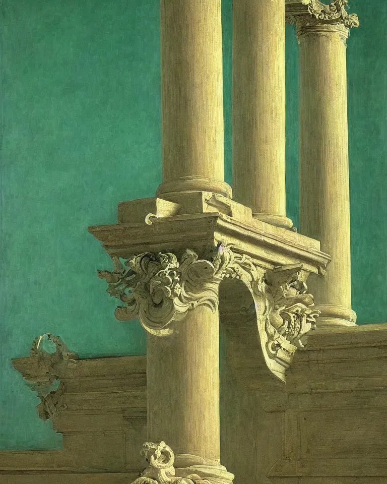 Image similar to achingly beautiful painting of intricate ancient roman corinthian capital on jade background by rene magritte, monet, and turner. giovanni battista piranesi.