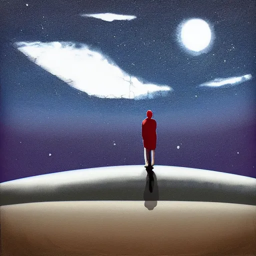 Image similar to a lonely man standing on a deserted planet, acrylic art, painting, canvas, gloomy, digital art,